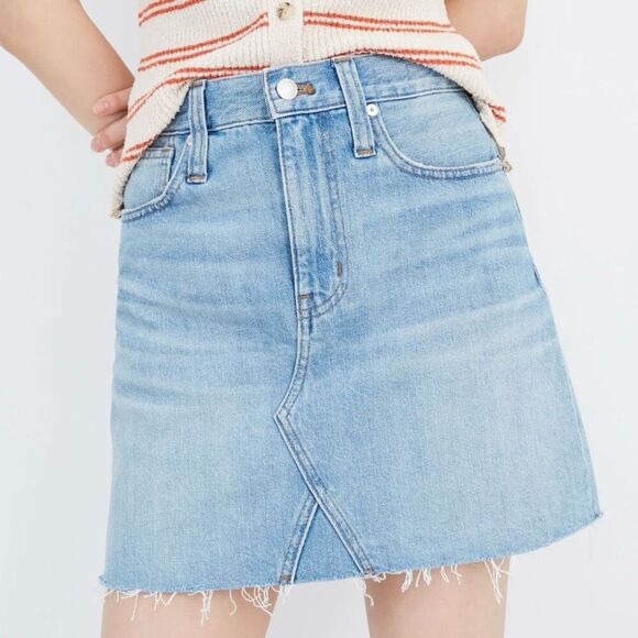 MADEWELL | Rigid Denim A-Line Mini Skirt Lovell Wash Raw Hem | Size 35 (US 20) - Picture 1 of 11